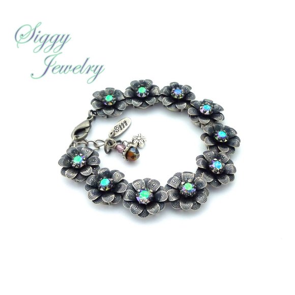 Swarovski Crystal Flower Statement Silver Bracelet - Picture 3 of 8